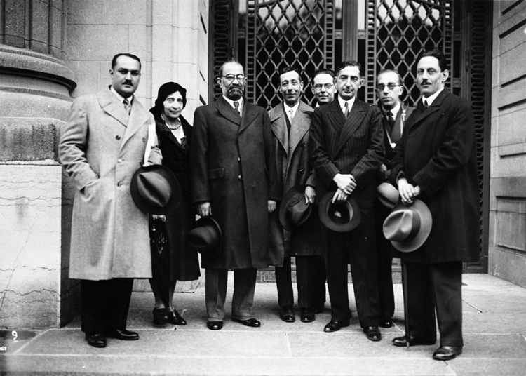 Photo probably taken in 1930's in Switzerland - From the Right 1. Abolhassan Hakimi  2. Mr Abdol Hossein Sardarie member of League of Nations Secretariat (Mr F Sepahbody's maternal uncle) 3. Anoushiravan Sepahbody 4. Abdollah Entezam 6. Zoka-al-Molk Foroughi 7. Madam Hakimi wife of Abolhassan 8. Movvassagh al-Doleh Khajeh Noorie