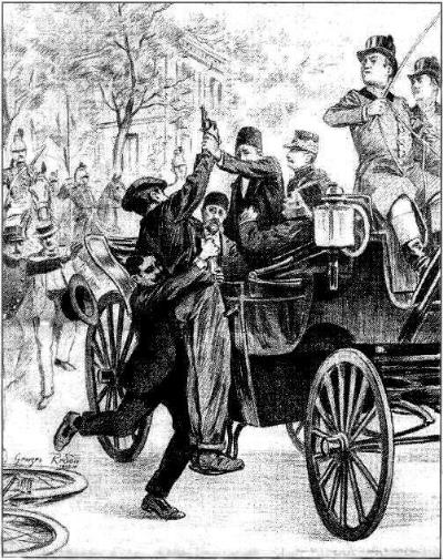 The assassination attempt by a young French anarchist (Francois Salson) is foiled by Mirza Mahmoud Hakimi and the assassin is taken off the carriage by the French policeman Will Verm